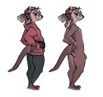 2023 anthro barefoot brown_body brown_fur butt clothed clothing digital_media_(artwork) eyewear feet fully_clothed fur genitals glasses male mammal mostly_nude mustelid nonbinary_(lore) otter otterly_(character) penis samur_shalem simple_background smile solo standing tail white_background