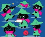 anthro black_body black_fur blue_background blush cake clothing dessert dress ellipsis eyes_closed eyewear fangs food fur glasses half-closed_eyes hat headgear headwear holding_object male narrowed_eyes scarf simple_background solo teeth white_eyes witch_hat seologi deltarune undertale_(series) ralsei bovid caprine darkner goat mammal 2018 absurd_res digital_media_(artwork) hi_res