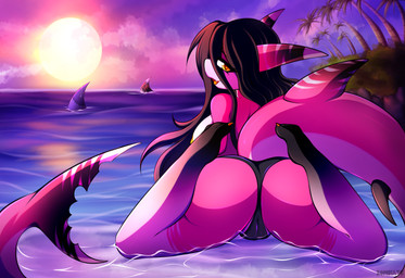 anthro big_butt bikini bikini_bottom breasts butt camel_toe clothed clothing female group hair horizon looking_at_viewer looking_back looking_back_at_viewer nipples pink_body sun swimwear topless trio two-piece_swimsuit water yellow_eyes zombiate aquatic fish shark absurd_res hi_res