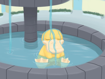 3_fingers ambiguous_anthro ambiguous_gender anthro beak closed_beak detective doorway eyes_closed feathers feet fingers fountain light membrane_(anatomy) mouth_closed no_eyebrows nude_ambiguous nude_anthro partially_submerged plant relaxing shrub sitting sitting_in_water solo tan_beak tan_feet toes wall_(structure) webbed_feet wet wet_body wet_feathers yellow_body yellow_feathers insert-thenewbl-here nintendo pokemon detective_psyduck fan_character generation_1_pokemon pokemon_(species) psyduck 2025 2d_animation 4:3 animated colored digital_media_(artwork) english_description hi_res lighting shaded female_(lore)