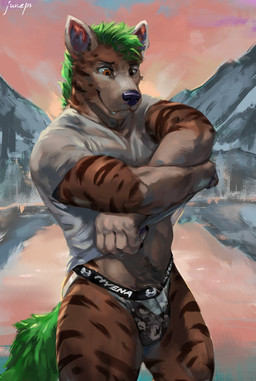 anthro body_hair clothed clothing clothing_lift fur green_body green_fur green_hair green_tail hair happy_trail jockstrap lake male mountain outside shirt shirt_lift solo standing striped_body striped_fur stripes tail topwear underwear white_clothing white_shirt white_topwear juiceps hyena mammal striped_hyena hi_res