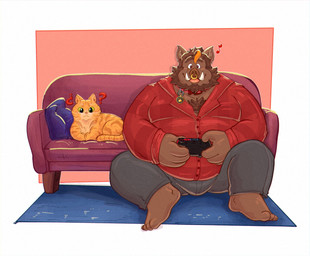 anthro bottomwear brown_body brown_fur clothing controller duo facial_piercing feral fur furniture game_controller gaming male nose_piercing nose_ring open_mouth overweight overweight_male pants piercing pillow playing_video_game question_mark ring_piercing shirt sitting sofa topwear 06junior11 domestic_cat felid feline felis mammal suid suine sus_(pig) wild_boar 2025 hi_res