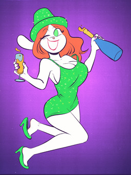 anthro beverage bottle breasts brown_hair clothing container female footwear green_clothing green_eyes green_footwear green_high_heels hair hat headgear headwear heelpop high_heels holding_beverage holding_bottle holding_container holding_object holidays looking_up loose_footwear shoe_dangle shoes solo elnikochoro new_year lagomorph leporid mammal rabbit 2025 absurd_res digital_media_(artwork) hi_res