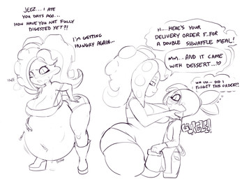 after_vore belly big_belly big_breasts breasts duo female female_pred male overweight simple_background text vore white_background dwps nintendo splatoon aquatic cephalopod inkling mollusk octarian octoling 2023 english_text hi_res