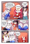 annoyed anthro anthrofied braixen bray_(lucyfercomic) breasts canid cinccina_(lucyfercomic) cinccino clothing comic cute_fangs english_text female generation_5_pokemon generation_6_pokemon gloves group hair hair_over_eyes hands_together handwear hat headgear headwear hi_res holding_chin human inner_ear_fluff inside lucyfercomic male mammal may_(pokemon) nintendo pokemon pokemon_(species) pokemon_trainer pokemorph speech_bubble text tuft