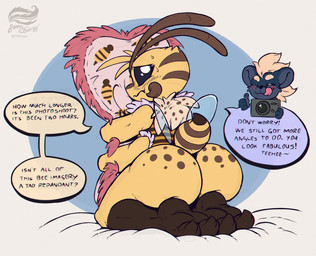 4_arms antennae_(anatomy) anthro big_butt blush butt camera clothing dialogue embarrassed hug hugging_object hugging_pillow leotard male mandibles multi_arm multi_limb nude pillow solo speech_bubble stinger taking_picture text tongue tongue_out jammerhighwind blueberry_(bitfly) wexley_(jammerhighwind) arthropod bee honey_bee hymenopteran insect mammal mephitid skunk 2024 dated english_text hi_res
