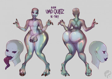 balls big_butt biped bottom_heavy butt clothing flaccid genitals green_body green_skin grey_background hairless huge_butt huge_thighs humanoid_genitalia humanoid_penis lips long_tongue male nude pear-shaped_figure penis purple_sclera simple_background smile solo standing thick_thighs tongue tongue_out topwear wide_hips elking umo_quatz_(ozthegoblin) alien alien_humanoid humanoid roswell_grey hi_res model_sheet nonbinary_(lore)