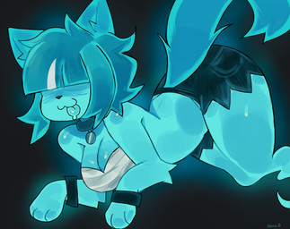 anthro big_breasts blue_body blue_fur blue_hair blue_tongue bodily_fluids bottomwear bracelet breasts cleavage clothed clothing collar collar_tag female fur ghost_tail glowing hair hair_over_eyes jewelry long_tail paws saliva short_hair shorts solo tail tongue tongue_out topwear torn_bottomwear torn_clothing torn_shorts unusual_bodily_fluids unusual_saliva white_clothing white_topwear wide_hips uovo goommy_(goommymuffin) domestic_cat felid feline felis ghost mammal spirit hi_res