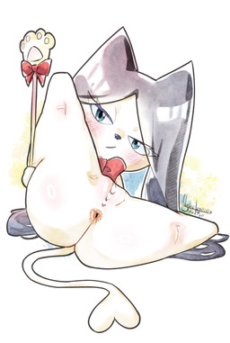 anthro anus black_hair blue_eyes blush butt eyelashes female fur genitals hair heart_censor heart_symbol kemono presenting presenting_hindquarters red_bow simple_background solo spread_legs spreading tail text vulva wand white_body white_fur nanaeljustice go!_princess_precure pretty_cure toei_animation miss_shamour domestic_cat felid feline felis mammal absurd_res artist_name censored dated hi_res
