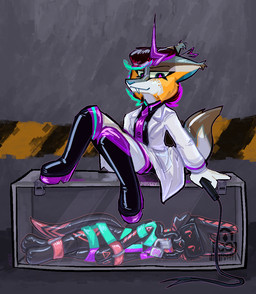 antennae_(anatomy) anthro bdsm bondage boots bound box clothing coat container duo footwear glass harness hazard_stripes lab_coat latex latex_boots latex_clothing latex_footwear latex_mask latex_skinsuit lock mask padlock shoes skinsuit straps tight_clothing topwear tube visor whip mossky grajess canid canine felid feline hybrid mammal