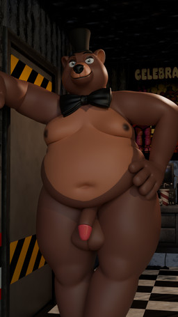 anthro balls black_nose blue_eyes bow_tie brown_body brown_fur checkered checkered_floor clothing eyebrows flaccid fur genitals glans hat headgear headwear male navel nipples nude office overweight overweight_male penis solo thick_thighs top_hat sesame_bun five_nights_at_freddy's scottgames freddy_(fnaf) bear mammal 3d_(artwork) 9:16 digital_media_(artwork) hi_res