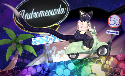ambiguous_gender anthro black_hole chest_tuft clothing fur long_tail moped multicolored_body multicolored_fur palm_tree plant purple_body purple_fur saturn_(planet) solo space star sweater tail topwear traffic_sign tree tuft two_tone_body two_tone_fur vehicle white_body white_fur cactilaine void_(cactilaine) felid feline mammal absurd_res hi_res