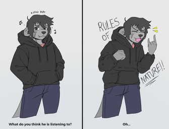 anthro black_hair clothing fur grey_body grey_fur hair hoodie male scar singing solo text topwear voxxen shaun_lutra_(voxxen) mammal mustelid otter comic english_text hi_res sketch
