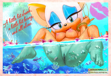 anthro anus big_breasts breasts drunk feet female genitals looking_at_viewer mature_female solo substance_intoxication toes vulva high-bear sega sonic_the_hedgehog_(series) rouge_the_bat bat mammal 2022