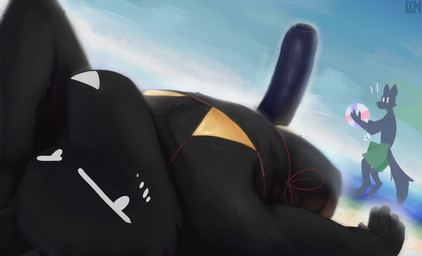 anthro beach bikini black_body clothing duo erection exhibitionism femboy foreskin fur genitals humanoid_genitalia humanoid_penis looking_at_viewer lying male on_back penis public solo_focus swimwear tail triangle_bikini two-piece_swimsuit lennoxicon vague_(lennoxicon) canid canine mammal absurd_res hi_res