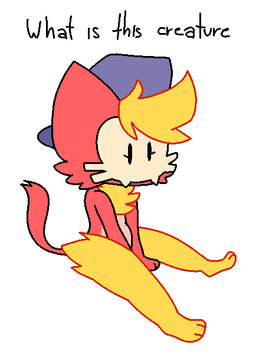 anthro blonde_hair caption clothing female hair hat headgear headwear red_body simple_background sitting solo white_background yellow_body pizzascaremouse pixile_studios super_animal_royale fan_character felid feline mammal skullcat_(sar) meme