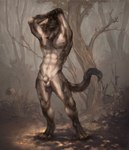 4_toes abs animal_genitalia anthro arms_above_head balls biped claws digitigrade feet forest genitals male navel nipples nude outside pecs plant raised_arms sheath solo standing stretching toes tree s_anima canid canine canis mammal wolf absurd_res hi_res