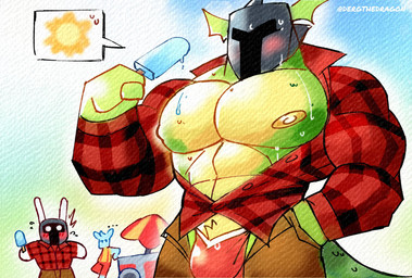 abs anthro anthro_on_anthro areola armor barazoku big_bulge big_muscles blush bodily_fluids bottomwear bulge clothed clothing day emanata flannel flannel_shirt food frill_(anatomy) fur group headgear helmet holding_food holding_object huge_muscles male male/male muscular muscular_anthro muscular_male nipples non-mammal_nipples open_clothing open_shirt open_topwear outside pants pecs popsicle popsicle_melting scales shirt simple_background solo_focus speech_bubble standing sun sweat topwear trio tuft underwear unzipped zipper dergthedragon mythology undertale_(series) rg01_(undertale) rg02_(undertale) dragon lagomorph leporid mammal mythological_creature mythological_scalie rabbit scalie 2025 hi_res painting_(artwork) pictographics watercolor_(artwork)