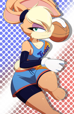 anthro ball basketball_(ball) basketball_uniform bottomwear clothing dotted_background female gradient_background hair hair_over_eye lidded_eyes one_eye_obstructed pattern_background shorts simple_background solo sportswear uniform kojiro-brushard looney_tunes space_jam space_jam:_a_new_legacy warner_brothers lola_bunny lagomorph leporid mammal rabbit 2021 hi_res