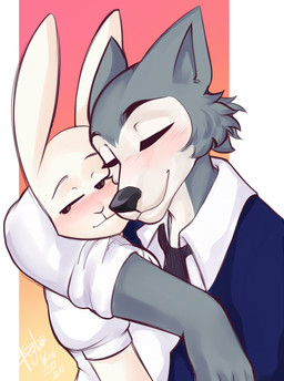 5_fingers anthro black_eyebrows black_nose blush brown_eyes clothed clothing dress duo eyebrows female fingers fur grey_body grey_fur hug larger_male male multicolored_body multicolored_fur necktie shirt size_difference smaller_female topwear vest white_body white_fur skylar_kie beastars haru_(beastars) legoshi_(beastars) canid canine canis lagomorph leporid mammal rabbit wolf 2020
