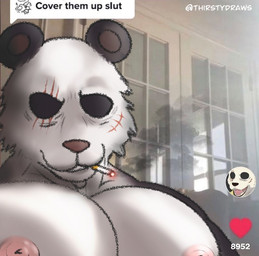 anthro biceps big_muscles big_nipples big_pecs cigarette fur looking_at_viewer male muscular muscular_anthro muscular_male nipples pecs scar smoking solo text white_body white_fur thirstydraws beastars cover_them_up_slut tiktok gouhin_(beastars) bear giant_panda mammal digital_media_(artwork) english_text meme