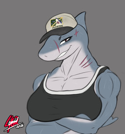 anthro arm_fin baseball_cap clenched_teeth clothing crossed_arms earless female female_anthro fin florida gills hat head_fin headgear headwear muscular muscular_anthro muscular_female scar scars_all_over sharp_teeth simple_background solo teeth teeth_showing drow462 brucie_(word360) aquatic fish great_white_shark mackerel_shark shark white_shark hi_res