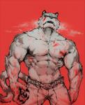 5_fingers abs anthro belt biceps big_muscles black_claws blood blood_on_body blood_on_hand bodily_fluids bottomwear claws clothed clothing fangs fingers front_view fur grey_body grey_fur kemono leucistic looking_down male muscular muscular_anthro muscular_male nipples open_mouth pants paws pecs red_background red_eyes simple_background solo standing striped_body striped_fur stripes teeth topless triceps white_body white_fur dust_yang grimoire_of_zero mercenary_(grimoire_of_zero) canid canine felid mammal pantherine tiger 2017 absurd_res digital_media_(artwork) hi_res