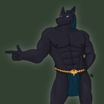 anthro blue_eyes bottomwear clothing dark_body dark_fur fur gesture hand_gesture jewelry loincloth male muscular muscular_anthro muscular_male nipples pointing solo standing serious_bones egyptian_mythology middle_eastern_mythology mythology anubis anubian_jackal canid canine canis deity jackal mammal hi_res