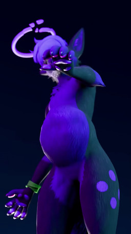 abdominal_bulge anthro belly black_body black_fur blue_eyes blue_nose chest_tuft cosmic_hair dancing dipstick_tail endosoma ethereal_hair eyebrows fangs femboy fully_inside fur fur_markings glowing glowing_mouth glowing_nose halo happy male markings multicolored_body open_mouth oral_vore purple_body purple_fur purple_mouth safe_vore simple_background sloshing_belly smug soft_vore solo spades_(marking) sparkles tail tail_markings teeth tongue tuft two_tone_body vore vore_tease wristband kitsunaki_(artist) sound_warning kitsunaki canid canine fox mammal rexouium 2026 3d_(artwork) 3d_animation 9:16 animated blender_(artwork) digital_media_(artwork) hi_res portrait shaded short_playtime sound three-quarter_portrait video