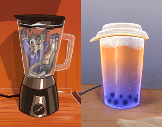 ambiguous_gender anthro appliance barefoot beverage black_bottomwear black_clothing black_shorts blender_(machine) bottomwear brown_body brown_fur brown_spots brown_tail bubble_tea cheek_tuft clothed clothed_ambiguous clothed_anthro clothing facial_tuft feet fully_clothed fully_clothed_ambiguous fully_clothed_anthro fur head_tuft hoodie kitchen_appliance looking_at_viewer markings micro pawpads pink_pawpads purple_clothing purple_hoodie purple_topwear shorts solo spots spotted_body spotted_fur tail topwear tuft theblueberrycarrots forced_blending_(meme) marc_(theblueberrycarrots) felid feline lynx mammal 2024 digital_drawing_(artwork) digital_media_(artwork) male_(lore)