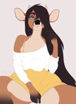 5_fingers anthro bedroom_eyes black_hair black_nose blue_eyes buckteeth clothed clothing eyebrows eyelashes female fingers hair hair_over_eyes looking_at_viewer narrowed_eyes off-shoulder_top off_shoulder seductive simple_background smile solo teeth white_background missy_(artist) jesse_hartstone deer mammal 2020 digital_media_(artwork) hi_res watermark