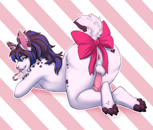 anthro anus balls black_hair black_spots blue_highlights bow_ribbon butt candy candy_cane claws dessert ear_piercing ear_ring femboy food fur genitals green_eyes hair heart_(marking) highlights_(coloring) industrial_piercing industrial_piercing_ladder lgbt_pride male markings nails nipples nonbinary_pride_colors nude pansexual_pride_colors penis piercing ponytail pride_color_piercing pride_colors ring_piercing solo spots spotted_body spotted_fur spotted_legs spotted_shoulders spotted_thighs tail white_body white_fur butteredshep jayne_doe_(tsarfox64) blanc_de_hotot domestic_rabbit lagomorph leporid mammal oryctolagus rabbit 2025 hi_res nonbinary_(lore)