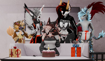 anthro female group happy happy_birthday male smile tail mimas1k pokrik alberarts_(modeler) hiena kiraraoor pokrik_(pokrik_hellhound) spiderbeast hyenid_(species) novabeast rexouium 3d_(artwork) absurd_res blender_(artwork) digital_media_(artwork) hi_res