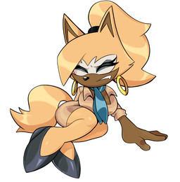anthro brown_body brown_fur ear_piercing ear_ring eyes_closed female fur hair office_clothing piercing ponytail pose ring_piercing simple_background solo tail white_background yellow_body yellow_fur guillion idw_publishing sega sonic_the_hedgehog_(comics) sonic_the_hedgehog_(idw) sonic_the_hedgehog_(series) whisper_the_wolf canid canine canis mammal wolf hi_res pinup