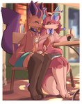 anthro barefoot blue_body blue_fur blurred_background chair clothed clothing detailed_background dipstick_tail duo eye_contact feet female fully_clothed fur furniture hand_holding holding_glass holding_object leg_markings looking_at_another markings navel pink_body pink_fur purple_body purple_fur sitting socks_(marking) table tail tail_markings white_body white_fur conditional_dnp tohupo nintendo pokemon eeveelution generation_6_pokemon pokemon_(species) sylveon 2024 absurd_res dated digital_drawing_(artwork) digital_media_(artwork) hi_res signature