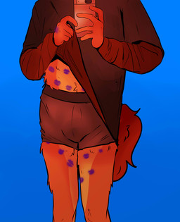 anthro bulge clothed clothing clothing_lift fur kiss_mark male orange_body orange_fur selfie shirt shirt_lift solo standing topwear underwear froztvyte canid canine canis domestic_dog mammal absurd_res hi_res
