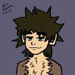 anthro big_ears brown_body brown_fur brown_hair brush_strokes fur green_eyes hair light_tuft male pose simple_background smile smirk solo tuft sean_serpentine sean_serpentine_(sean_serpentine) haplorhine mammal monkey primate 1:1 absurd_res hi_res