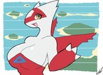 anthro big_breasts breasts cleavage clothed clothing eyelashes female looking_at_viewer markings open_mouth open_smile red_body red_markings side_boob smile solo white_body yellow_eyes mythrasboobhead nintendo pokemon generation_3_pokemon latias legendary_pokemon pokemon_(species)