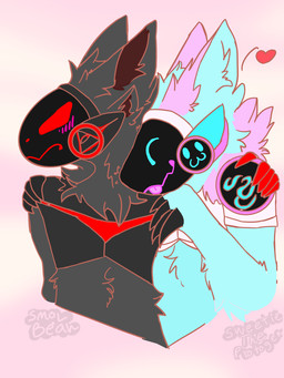 anthro arm_around_shoulders black_body black_fur blep blue_body blue_eyes blue_fur blush duo fur hand_on_shoulder heart_symbol hug machine male pink_background pink_body pink_fur red_body red_eyes red_fur screen screen_face simple_background smile tongue tongue_out smolbeen protogen robot 2020 3:4 digital_media_(artwork) half-length_portrait hi_res portrait