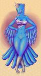 anthro big_breasts bottomless breasts chest_wraps claws clothed clothing crown feathers featureless_crotch female headgear mostly_nude nude paws princess queen royalty slightly_chubby solo thick_thighs wraps 1ndigocat twitter fan_character tweetfur avian bird bluebird oscine passerine thrush_(bird) absurd_res digital_media_(artwork) hi_res meme