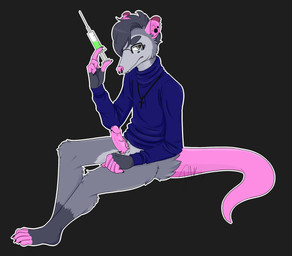 anthro clothing cross ear_piercing erection eyewear facial_piercing flesh fur gauged_ear genitals glasses grey_background grey_body grey_fur humanoid_genitalia humanoid_penis jewelry male nose_piercing penis piercing septum_piercing simple_background solo sweater teeth topwear torn_ear turtleneck kitket felix_opossum american_opossum mammal marsupial virginia_opossum absurd_res hi_res