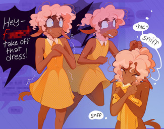 anthro blonde_hair blouse bodily_fluids brown_body brown_fur censored_text clothing crying curly_hair dialogue femboy fur hair homophobia male purple_background simple_background slur solo speech_bubble tears teary_eyes text topwear wide_eyed heresvix dani_(heresvix) bovid caprine mammal sheep english_text hi_res