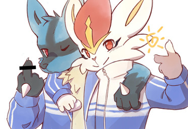 4_fingers anthro black_nose claws clothing duo fingers gesture hand_gesture looking_at_viewer male middle_finger one_eye_closed pink_nose red_eyes simple_background smile topwear v_sign white_background white_claws arnd_dawn nintendo pokemon cinderace generation_4_pokemon generation_8_pokemon lucario pokemon_(species) colored colored_sketch digital_drawing_(artwork) digital_media_(artwork) hi_res shaded sketch