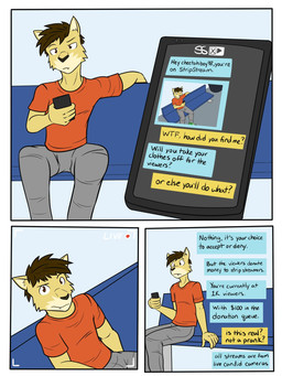 anthro bottomwear camera_view cellphone clothed clothing electronics fully_clothed holding_cellphone holding_object holding_phone male pants phone shirt sitting solo t-shirt text text_message topwear fuze chase_(fuze) cheetah felid feline mammal 3:4 comic english_text hi_res multiple_scenes