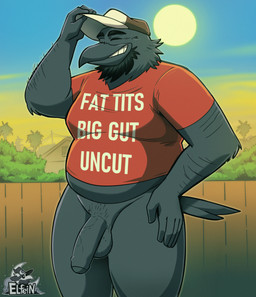 anthro balls beak belly black_body bottomless bottomless_anthro bottomless_male clothed clothing eyes_closed feathers foreskin genitals half-erect hat headgear headwear humanoid_genitalia humanoid_penis male outside overweight overweight_anthro overweight_male partially_retracted_foreskin penis plant red_clothing red_shirt red_topwear shirt smile solo standing tail tail_feathers text text_on_clothing text_on_shirt text_on_topwear topwear vein veiny_penis elfein fat_tits_big_gut_uncut meme_clothing andres_(elfein) avian bird corvid corvus_(genus) crow oscine passerine 2025 digital_media_(artwork) english_text hi_res meme