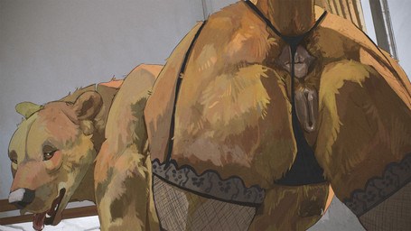 anatomically_correct anatomically_correct_genitalia anatomically_correct_vulva animal_genitalia animal_vulva anus bedroom_eyes brown_body brown_fur butt clothed clothed_feral clothing female female_feral feral fur garter_straps genitals inviting legwear lingerie lingerie_on_feral looking_back narrowed_eyes presenting presenting_anus presenting_hindquarters raised_tail realistic_feral seductive solo tail thigh_highs thong tongue tongue_out underwear ursine_vulva vulva cosmiclife bear mammal hi_res