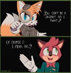 2_tails anthro blue_eyes bow_tie clothing detective_hat duo gloves green_eyes handwear male multi_tail nervous_smile question_mark tail text white_clothing white_gloves white_handwear caruel_art sega sonic_the_hedgehog_(series) the_murder_of_sonic_the_hedgehog barry_(sonic) miles_prower canid canine fox macropod mammal marsupial quokka absurd_res english_text hi_res