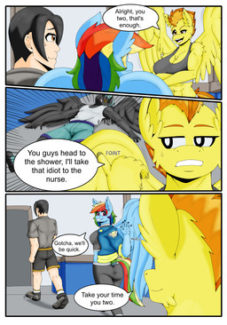 anthro blue_body border breasts butt clothed clothing dialogue feathered_wings feathers female fur group hair male male/female multicolored_hair open_mouth rainbow_hair speech_bubble tail text white_border wings yellow_body zeroviks friendship_is_magic hasbro my_little_pony mythology rainbow_dash_(mlp) spitfire_(mlp) thunderlane_(mlp) wonderbolts_(mlp) equid equine human mammal mythological_creature mythological_equine pegasus absurd_res comic digital_media_(artwork) english_text hi_res