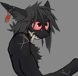 ambiguous_gender anthro bangs black_body black_fur chest_tuft ear_piercing fangs fur grey_hair hair industrial_piercing inner_ear_fluff piercing pink_sclera pointy_ears prick_ears red_eyes round_eyes scar sharp_teeth solo teeth toothy_grin tuft thecore34 mammal species_request