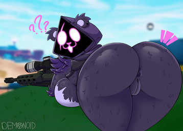 all_fours anthro anus big_breasts big_butt black_body black_fur bottomless breasts butt clothed clothing female fur genitals gun holding_gun holding_object holding_ranged_weapon holding_weapon hood interrobang looking_at_viewer looking_back looking_back_at_viewer lying on_front on_grass purple_eyes ranged_weapon rear_view rifle shadow_face sniper_rifle solo tailless vulva weapon paindemonoidsex epic_games fortnite raven_team_leader bear mammal 2023 absurd_res digital_media_(artwork) hi_res signature